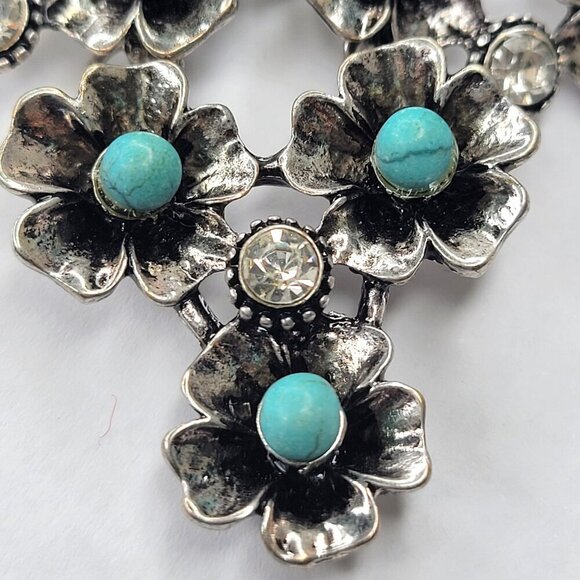 Silver Turquoise Rhinestone Flower Bib Necklace - Picture 12 of 16